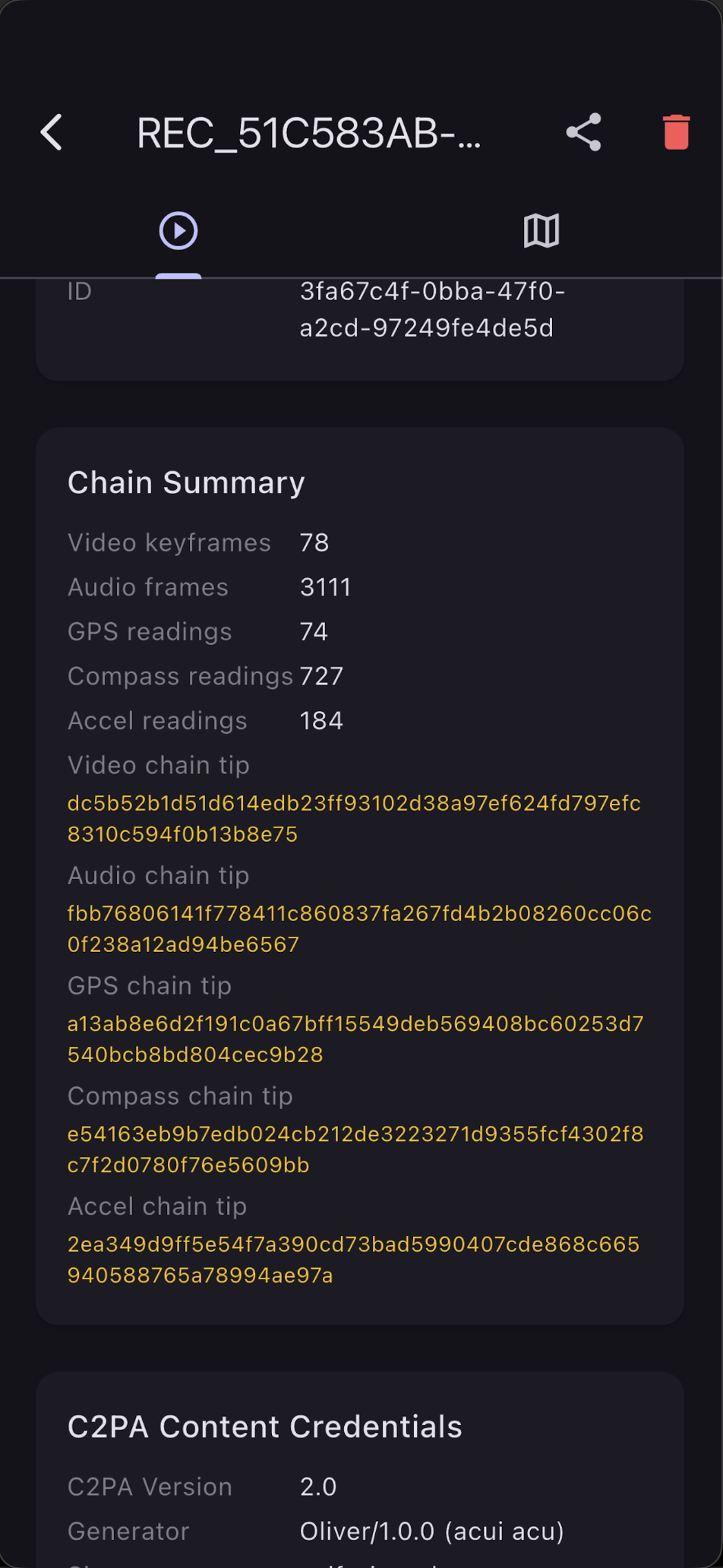 Chain summary and C2PA credentials